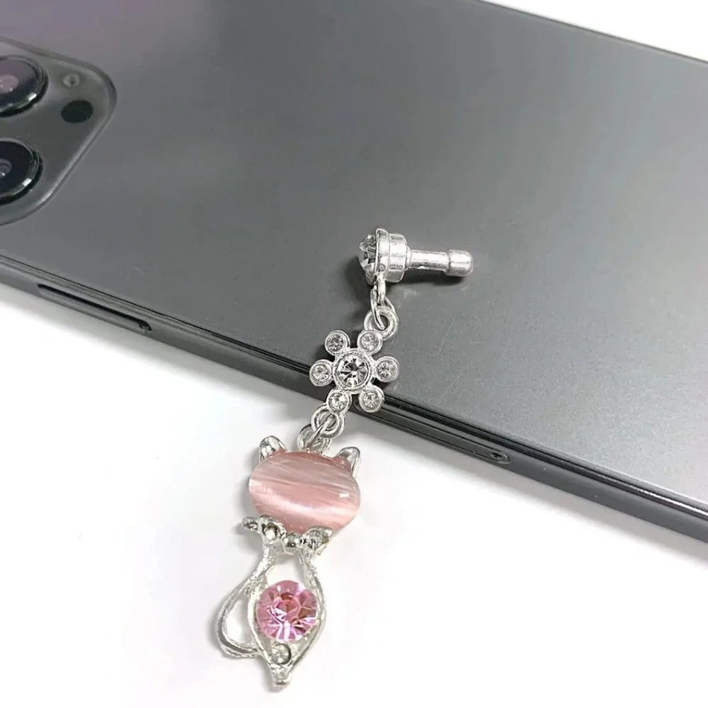 Cell Phone Dust Plug Charm 3.5 mm Plug Crystal Flower Pink Stone Cat